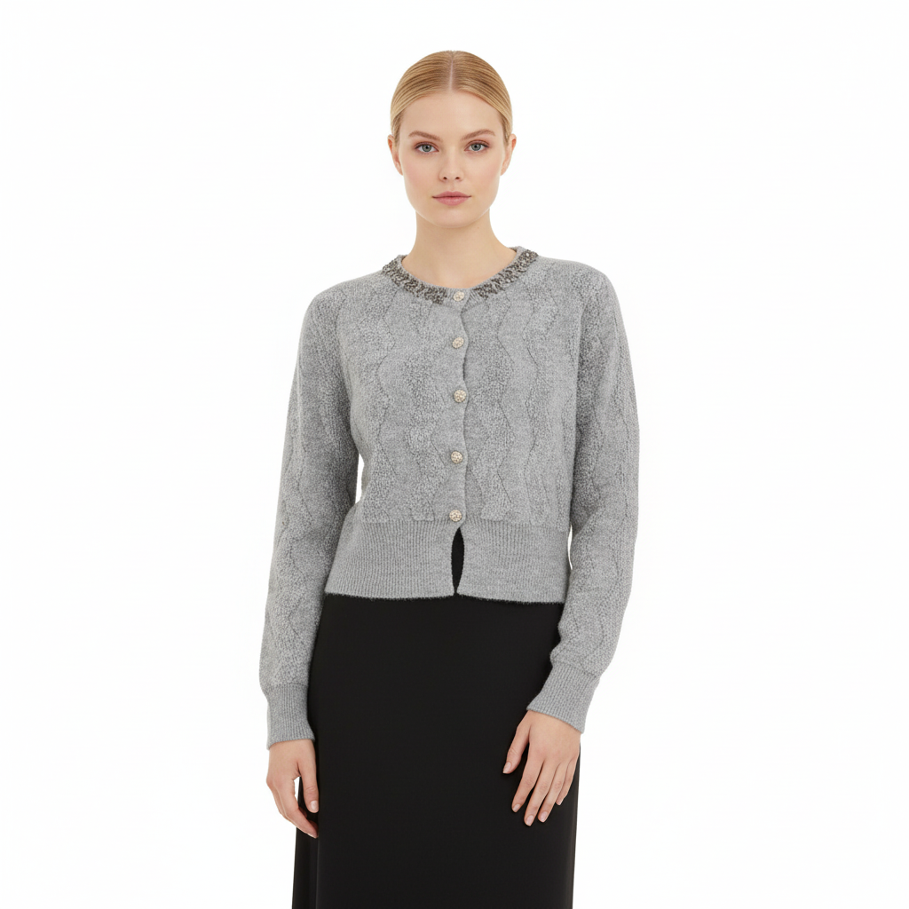 Top Quality Custom Women Knit Sweater Long Sleeve Crew Neck Ladies Sweater Fashion Beading Button Women Knit Cardigan