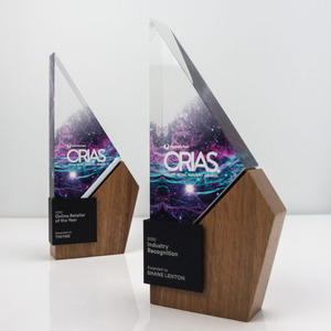 Crystal <b>Trophy</b> With Wood Base Laser <b>Engraved</b> Digital Printing Award For Conference Business Gifts - Product Image 1
