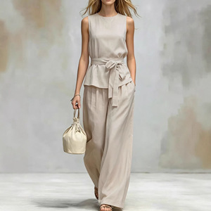 Conjunto de 2 Piezas para Mujer, Top sin Mangas con Cinturón y Pantalones Anchos de Cintura Alta, Elegante y Neutral, Ideal para la Oficina y <span class=keywords><strong>el</strong></span> Viernes Informal - Product Image 1