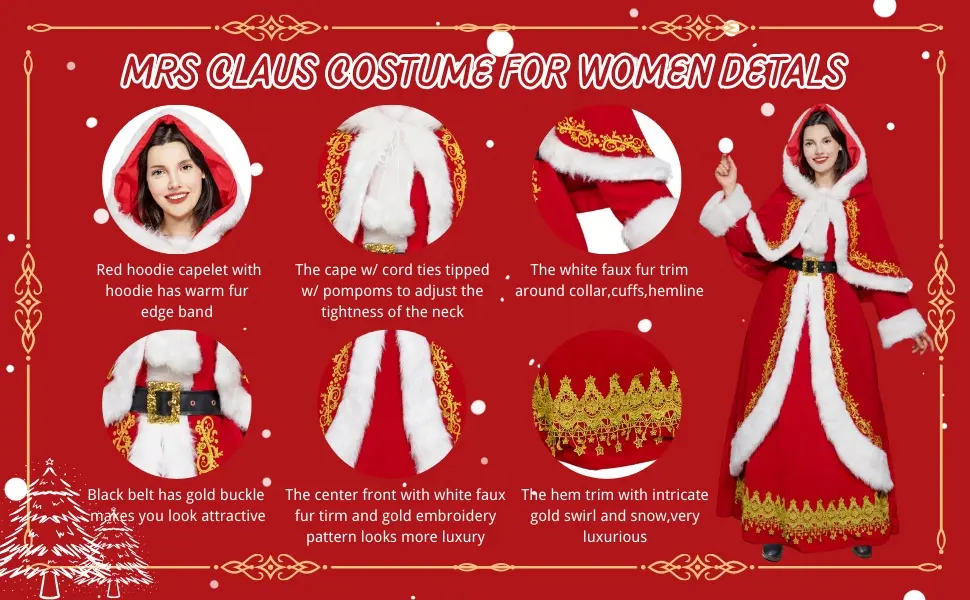 Dames Rode Kerstjurk Pak Mrs Santa Cosplay Kostuum Met Polyester Mantel En Accessoires Voor Volwassenen