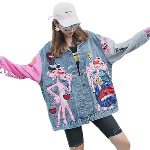 Giacche in Denim da Donna con <span class=keywords><strong>Motivi</strong></span> Cartoon Ricamati, Stile Casual Streetwear, Colore <span class=keywords><strong>Rosa</strong></span>, con Maniche in Tessuto - Product Image 1