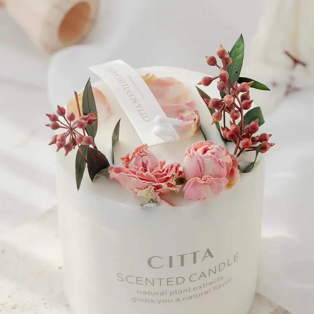 Vela perfumada de cera de soja, con etiqueta privada, para terapia de aroma, flor seca, de lujo, venta al por mayor