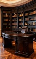 Bureau de direction en noyer noir sculpté et courbé, style rétro américain, avec double armoire de grande capacité, design personnalisé