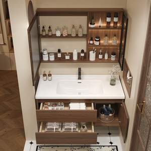 Mueble de Baño de Madera Contrachapada Sólida con Cajones y Estantes Abiertos, Encimera de Piedra, Gabinete de Almacenamiento con Lavabo - Product Image 5