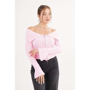 Cardigan en tricot rose à col Madonna avec fermeture éclair intégrale, motif uni, décontracté, hiver/automne, vente en gros - Product Image 6