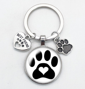 Glass Keychain Cute Cat Dog Footprints Key Chains Metal Enamel Keychain Pet Amulet Keyring Pendant Jewelry Gift Dog Paw Keychain