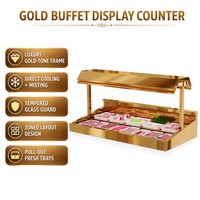 Table de présentation de viande fraîche en or-titane avec système de brumisation, comptoir de buffet d'hôtel en verre trempé à aménagement zoné