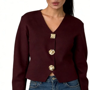 เสื้อคาร์ดิแกนถักคอวีชายไม่สมมาตรสำหรับผู้หญิง - เสื้อสเวตเตอร์แขนยาวติดกระดุมสีทองแฟชั่น - Product Image 2