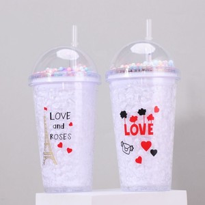 450ml Four Different Love Slogan Printed Double Wall <b>Plastic</b> Straw Tumbler with Dome Lid Pastel Foam Bead Decor Ideal for Couple - Product Image 1