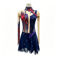 Costume de patinage artistique bleu marine et rouge, maille à manches longues, col montant, dos ouvert, robe ornée de strass pour enfants et filles, scène