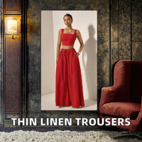 Ensemble 2 pièces d'été pour femme : pantalon léopard vintage avec taille en lin extensible et haut long à col carré pour le quotidien