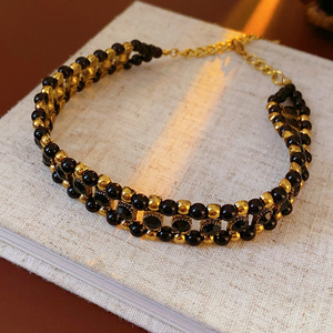 قلادة حجر عقيق أسود بوهيمي مطرز بالخرز من سبيكة مطلية بالذهب من حجر الراين قلادات قلادات كلاسيكية - Product Image 4