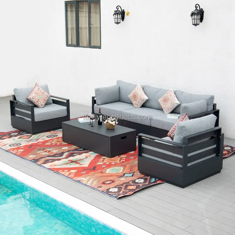 Modernes Hotel Patio Freizeit Aluminium Möbel Sets Garten Outdoor Metall Sofa Set Mit Feuerstelle Tisch