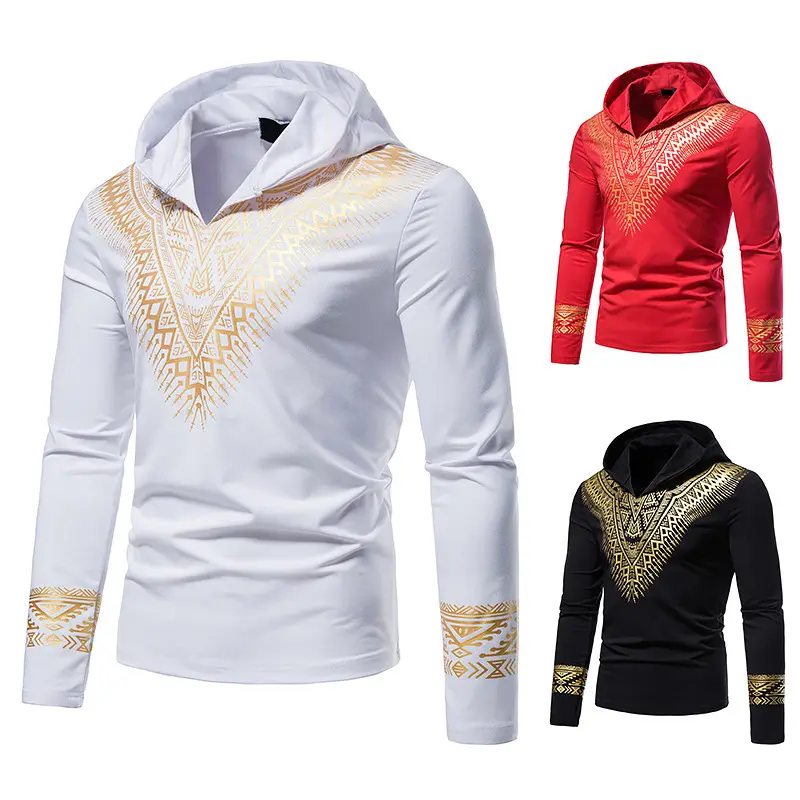 Big long sleeve t shirt Amazon hot sale african Hot print mens shirt hoodie with hat Gold embossing v neck summer shirt