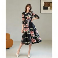 Robe pour femme à grands pois, style Miyake, col rond, manches bouffantes 3/4, taille haute, coupe trapèze, élégante, pour le bureau ou décontractée