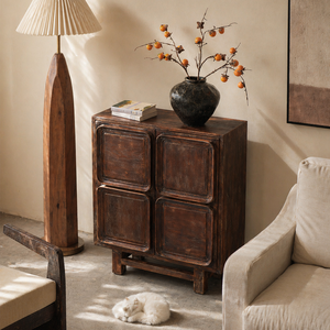 Buffet en bois massif de style Wabi-Sabi moderne, meuble de rangement carré unique pour la salle à manger - Product Image 3