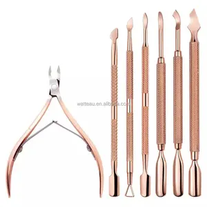 Tesoura de manicure em aço inoxidável, cabeça dupla, empurrador de pele morta, cutículas, conjunto de manicure, rosa, dobrável, gel uv, removedor 2/4 peças/conjunto