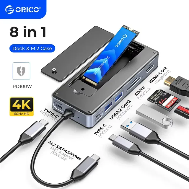 ORICO Type C Hub SSD Enclosure Laptop Docking Station 4K60Hz -Com 100W PD RJ45 SDTF 10Gbps M2 NVME SATA 8TB