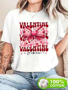 Valentine Vibes T-shirt grande taille pour femme, manches courtes, col rond, imprimé cœur rose et nœud, haut décontracté printemps-été - Product Image 3