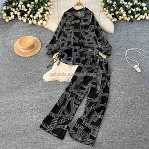 Factory Wholesale Ladies Casual Suit Bandage Top and High Waist Printed Pants Suit Jogging <strong>Wear</strong> Wholesale - Product Image 4