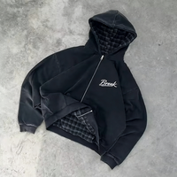 Sweat à capuche zippé personnalisé pour fabricants, effet délavé à l'acide, double couche, réversible, à carreaux, coupe courte et carrée, double face, veste zippée