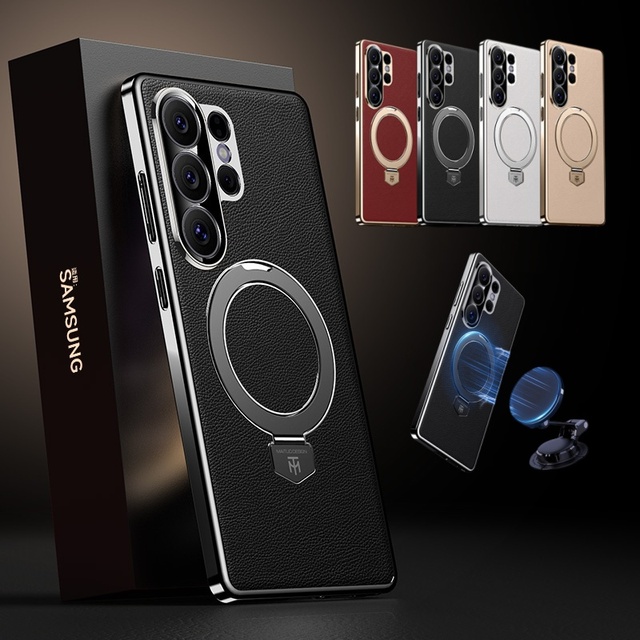 Luxury Magnetic Wireless Charging Vegan Leather Stand Back Case for Samsung Galaxy S23 S24 S25 S26 Ultra Lens protection Cover