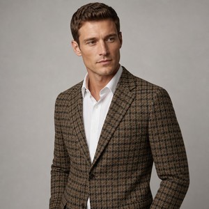 Completo da Uomo in Tessuto Pied-de-Poule Marrone, Giacca <span class=keywords><strong>e</strong></span> <span class=keywords><strong>Pantaloni</strong></span> da Lavoro con Risvolto a Revers, Abbigliamento Formale - Product Image 3
