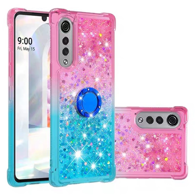 Compatible with LG Velvet G9 4G 5G Ring Bracket Four Corners Anti-Drop Gradient Quicksand Phone Case 4G Protective Soft Shell
