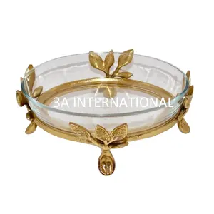 Top Quality Clear Glass Fruit Bowl Rounded Gold Plated Leaf Design Metal Stand For Home & Hotel Catering Used Bowl