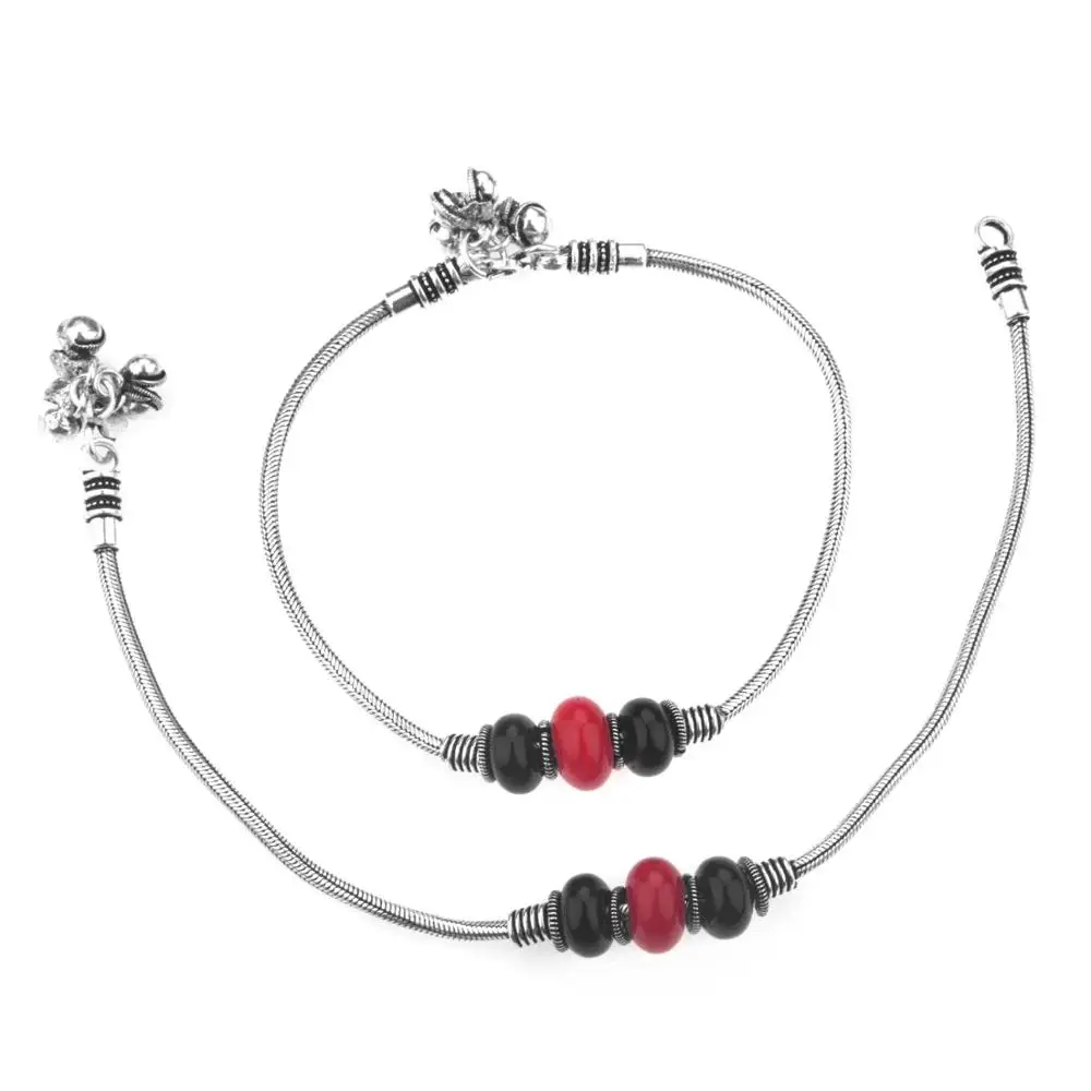 India Oxidized Silver Merah Hitam Manik-manik Bell Anklet Pasang (2 Pc) Gelang Kaki Perhiasan untuk Wanita