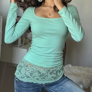 Pure Sexy Vintage Sheer Lace Patchwork <b>Square</b> <b>Neck</b> Slim Fit Layering <b>Top</b> Youthful Home Flattering Stretchy Versatile <b>Long</b> <b>Sleeve</b> - Product Image 1