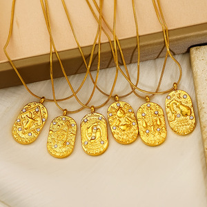 Collier Pendentif Ovale Vintage Décontracté en Acier Inoxydable Plaqué Or 18K avec 12 Signes du Zodiaque, <span class=keywords><strong>Personnalisé</strong></span> avec Cristal CZ <span class=keywords><strong>Horoscope</strong></span> - Product Image 4