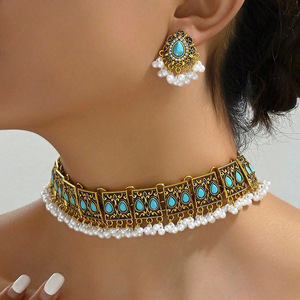 Luxury Vintage Indian Jewelry Set Antique Gold Plated Crystal <strong>Zircon</strong> Necklace Earrings Sets Ethnic Bridal Wedding <strong>Bijoux</strong> Gifts - Product Image 1