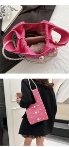 Bolso de chaleco de verano hueco, bolso de mano suave de punto para mujer, bolso de compras de tablero de ajedrez de PU con perlas de diamantes de Color - Product Image 3
