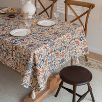 Nappe en coton et lin à pompons, style vintage américain, motif floral jacquard teint en fil, rectangulaire, pour table basse, style français