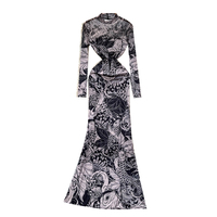 Robe longue en maille imprimée tendance pour femme, col montant, manches longues, moulante, froncée, pour soirée