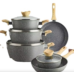 Offre Spéciale : Ensemble <span class=keywords><strong>de</strong></span> 10 Ustensiles <span class=keywords><strong>de</strong></span> Cuisine en Alliage d'Aluminium avec Revêtement Granit et Poignées Effet Bois, Antiadhésif, Idéal pour les Grandes Familles - Product Image 1
