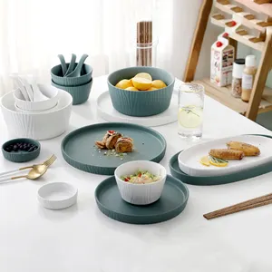 Simple Design Hotel Restaurant Matte Dark Green White Porcelain Plate Set Nordic Ceramic Dinnerware Set