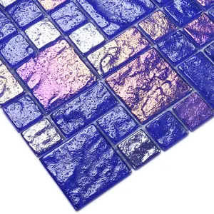 Nouveau design arc-en-ciel irisé galvanoplastie bleu marine cristal piscine carreaux mosaïque de verre
