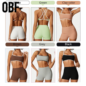 Set di allenamento da donna <span class=keywords><strong>OBF</strong></span> vendita calda due pezzi Leggings a vita alta in tessuto a coste pantaloncini abbigliamento sportivo Yoga leggero - Product Image 2