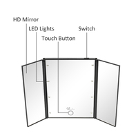 Vente chaude Led Maquillage Tactile Commutateur Voyage Pliable Cosmétique Miroir De Table Tri-fold Lumineux Vanité Miroir