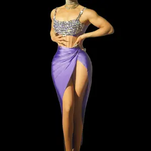 Sexy Diamond Tank Top High Slit Ruched Skirts 2 Piece Set Clothing Women Birthday Prom Bodycon Dress Night Party Evening Dress