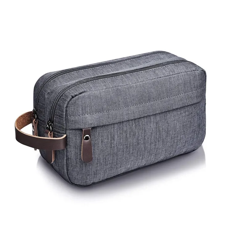 Borsa cosmetica da viaggio da uomo doppia cerniera manico in pelle portatile borsa da toilette in tela borsa da barba Kit Dopp per uomo