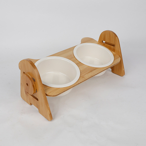 Mangeoire double pour animaux de compagnie en bambou, avec bols en mélamine, design moderne surélevé pour chats et chiens, plat pour nourriture et eau, support portable - Product Image 1