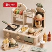 Ensemble de stand de confiserie en bois avec cuillères à glace, tranches de gâteau, beignets, caisse enregistreuse, menu et panneau d'ouverture W10A353