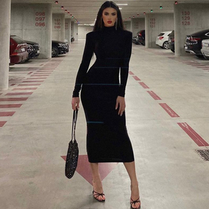 Vestidos de Mujer, Nuevas Llegadas, <span class=keywords><strong>Vestido</strong></span> Ajustado Negro de Manga Larga con Cuello Alto y Hombros Acolchados, Estilo Casual - Product Image 2