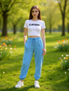 Pantalon de survêtement Caten pour femme, bleu clair, taille haute, cordon de serrage, longueur intégrale, couleur unie, poches latérales, respirant, coupe régulière, printemps - Product Image 2