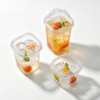 Gobelets en plastique PET carrés à paroi simple avec logo personnalisé, couvercle anti-fuite, contenants jetables pour boissons, emballage pour bubble tea et jus, OEM