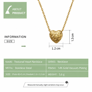 Collier Cœur Texturé en Acier Inoxydable Plaqué Or 14K par Galvanoplastie Sous Vide, Pendentif Côtelé, Chaîne Fine, Bijou - Product Image 2