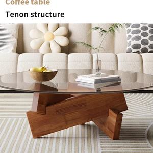 Table basse ronde moderne pour salon, table basse en bois massif avec plateau en verre noir, petite table basse - Product Image 4